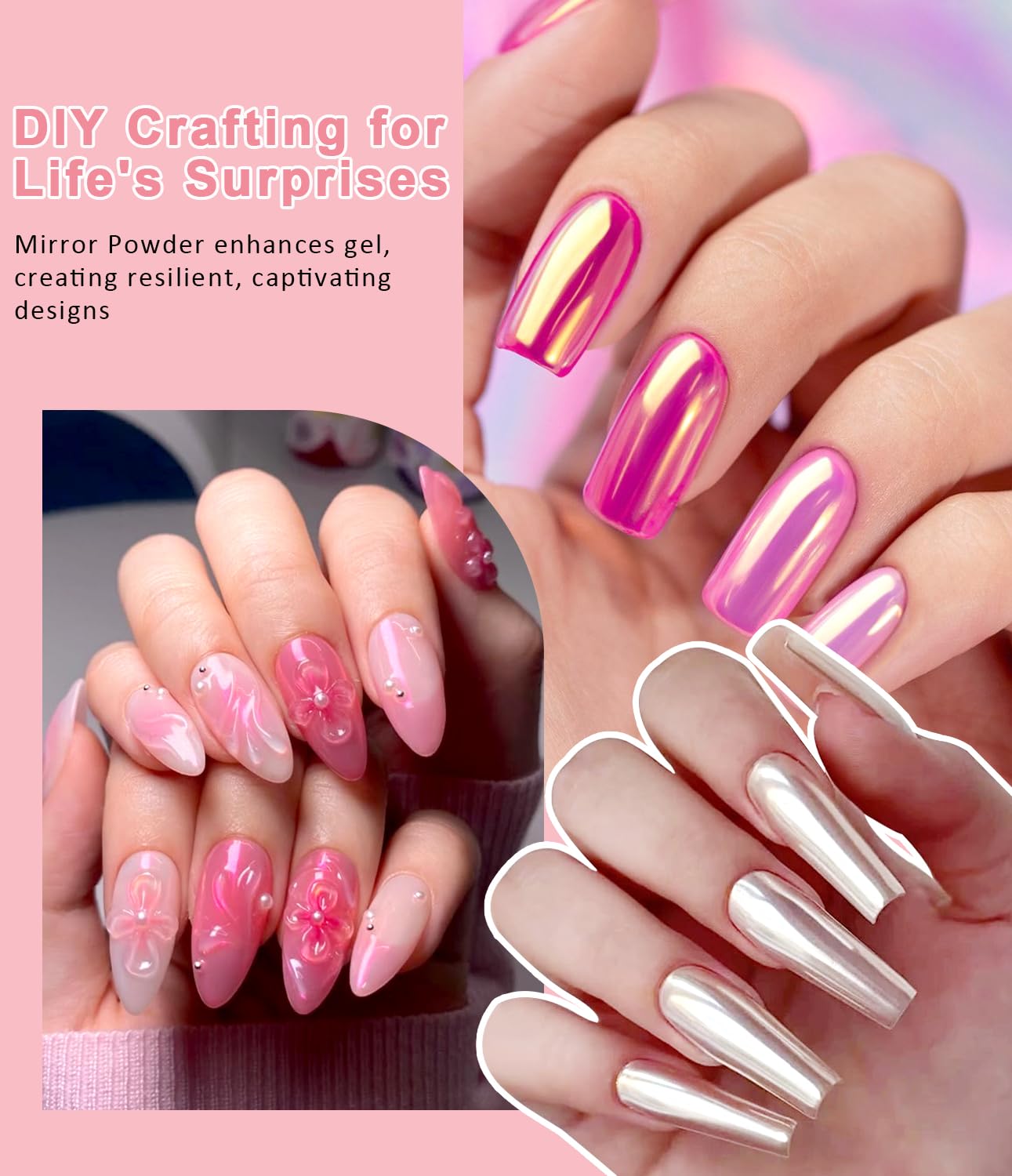 Variety of pearl and aurora nail art powder finishes