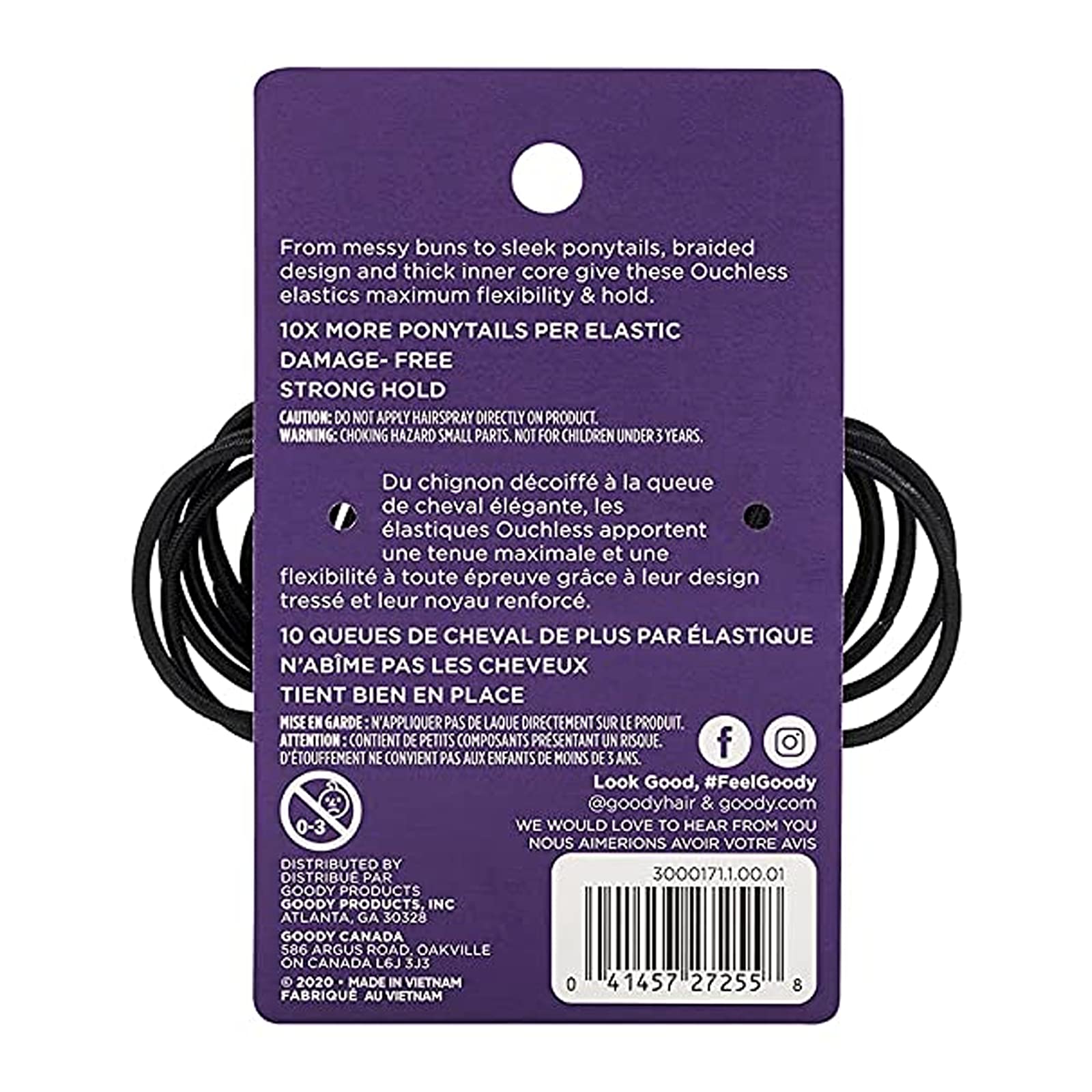 Back view of the product card detailing the smart stretch core technology for imported hair accessories.