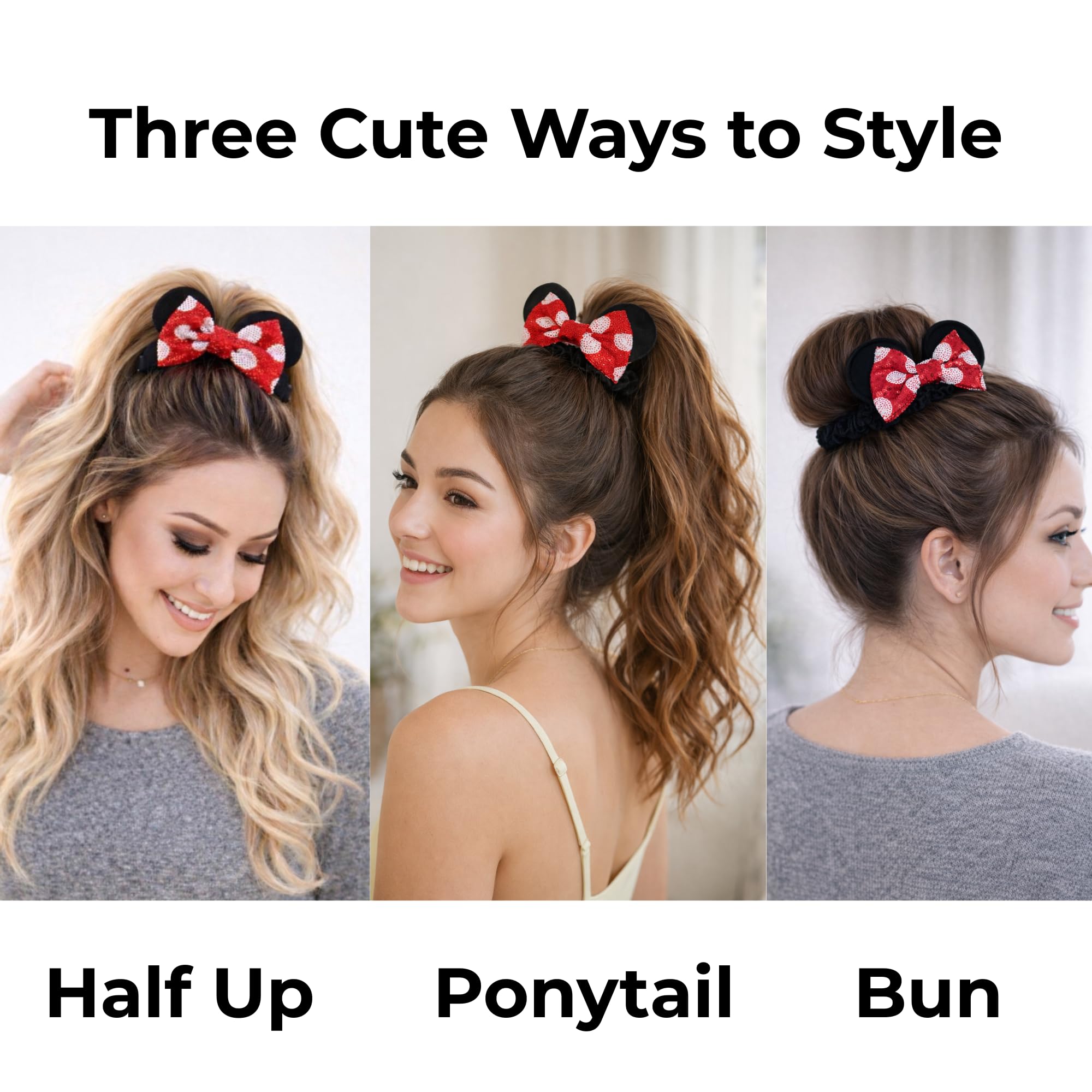 Red and black velvet bow hair ties with sparkling red sequins close up