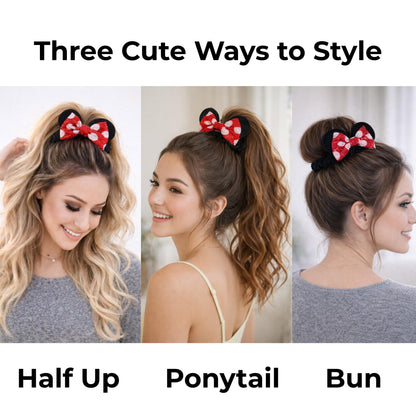 Red and black velvet bow hair ties with sparkling red sequins close up
