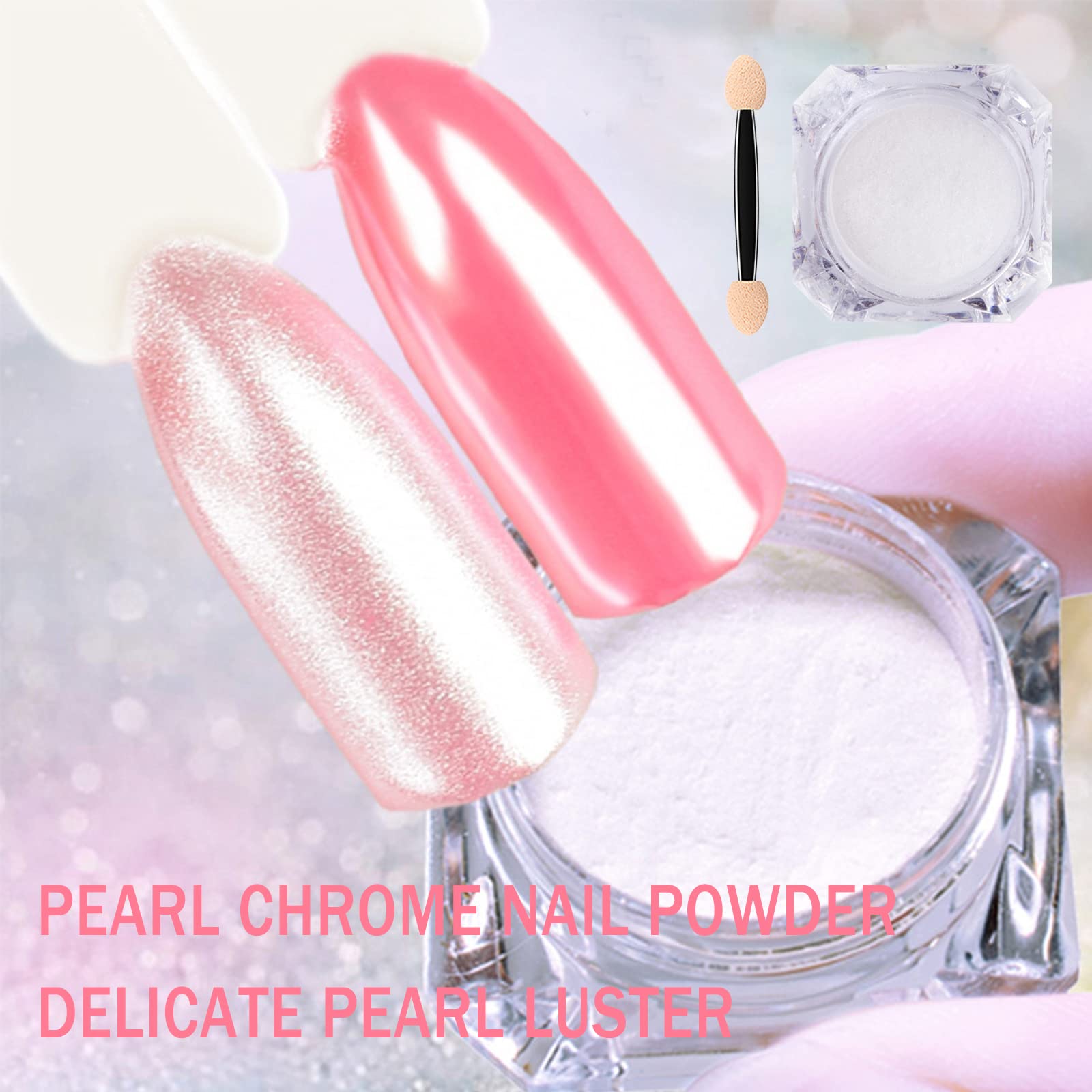 White pearl chrome powder applied to manicured nails