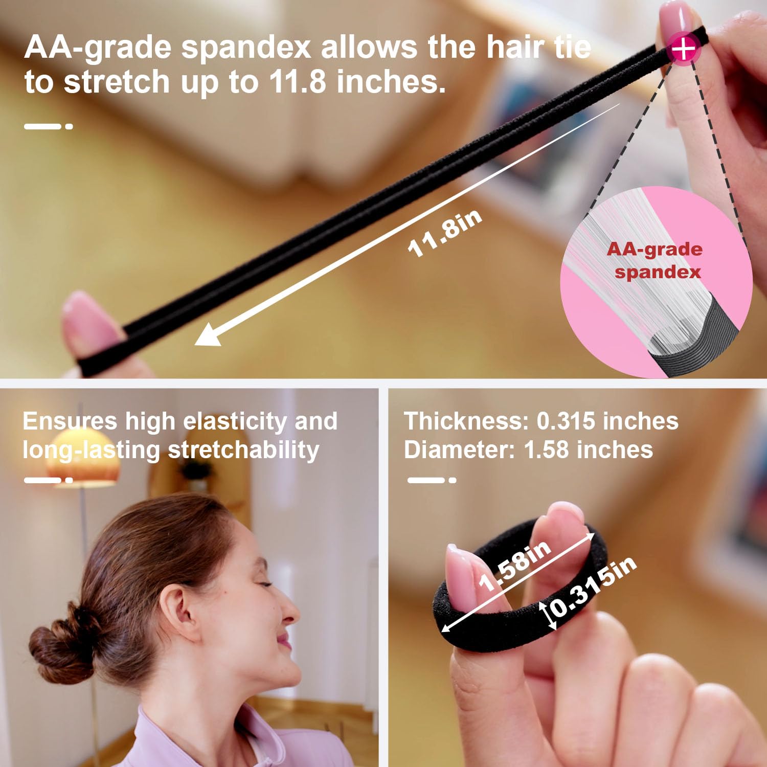 Wraphit elastic ponytail holders stretched to demonstrate maximum flexibility for thick hair