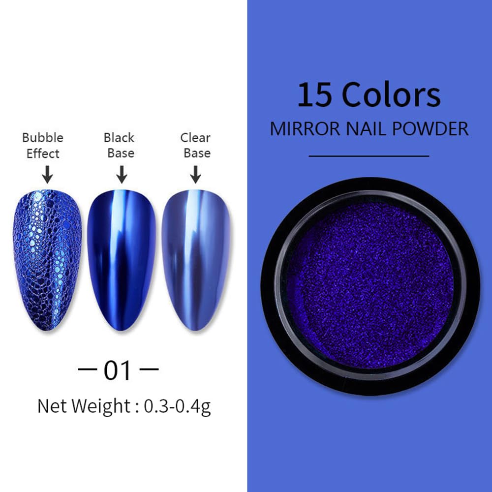 Close up of blue metallic mirror effect nail art
