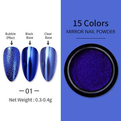 Close up of blue metallic mirror effect nail art