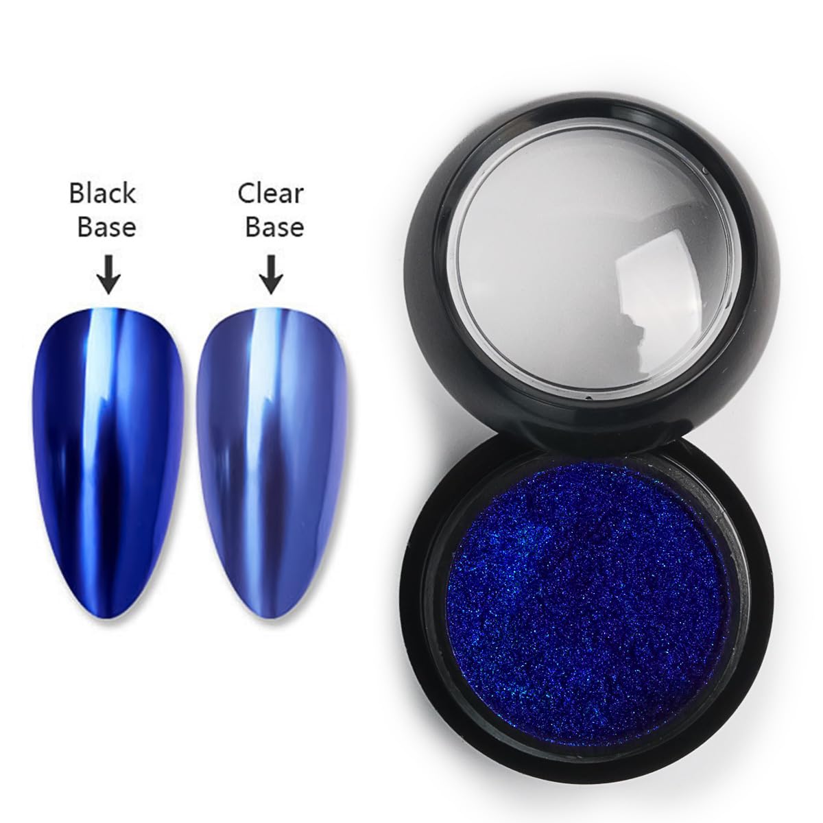 Hand model showing holographic blue glazed nails