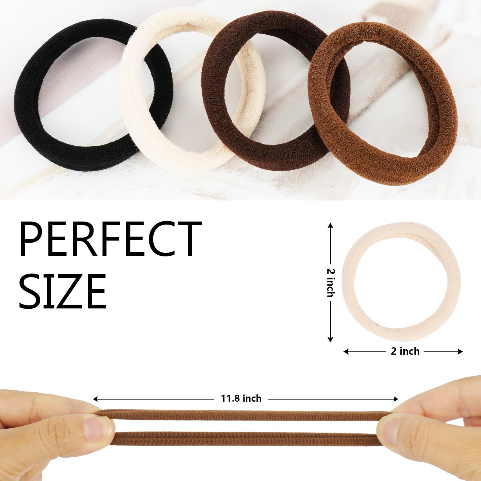 Close up view of the seamless two inch hair elastics demonstrating stretch flexibility.
