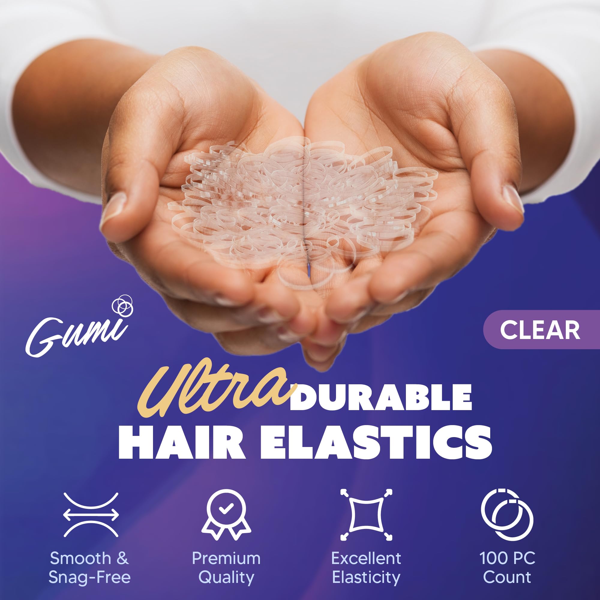 Close up of small transparent no damage elastic hair ties for clear invisible styling.