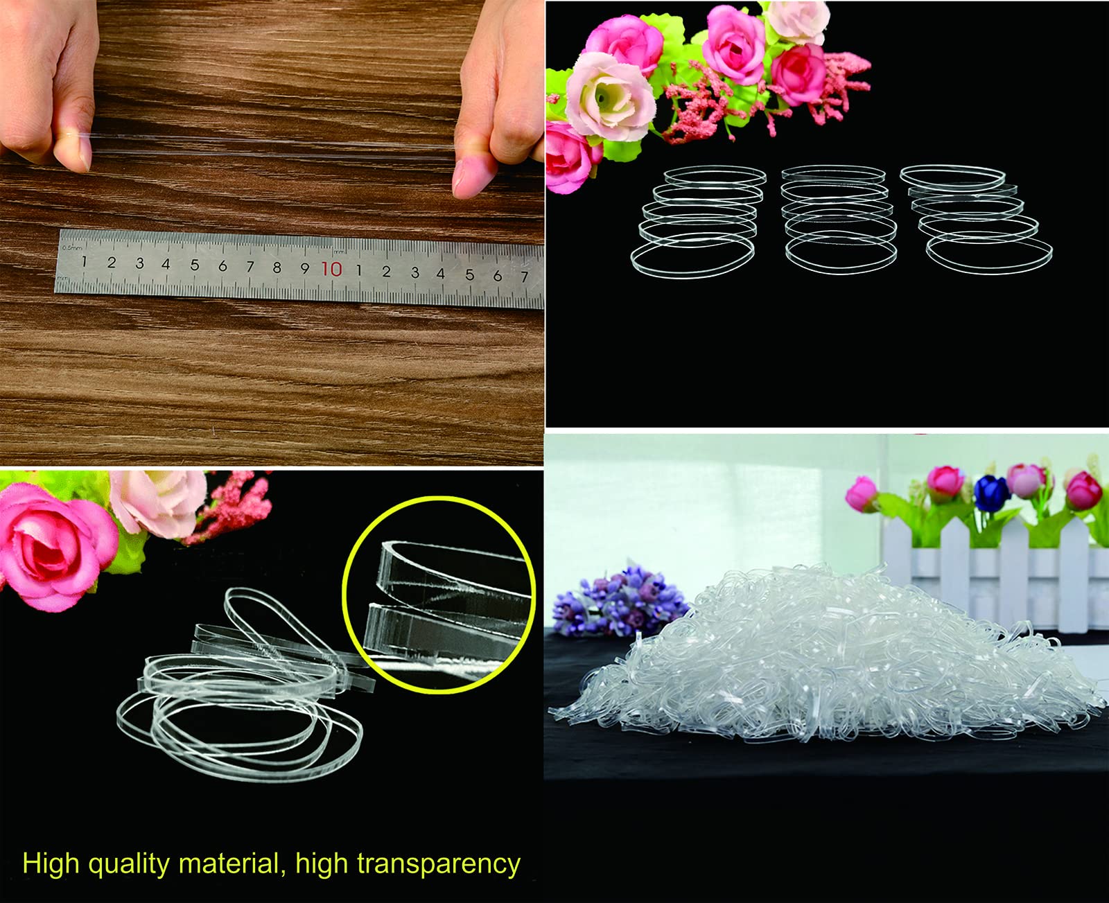Close up view of small transparent non slip hair bands for girls hairstyles.