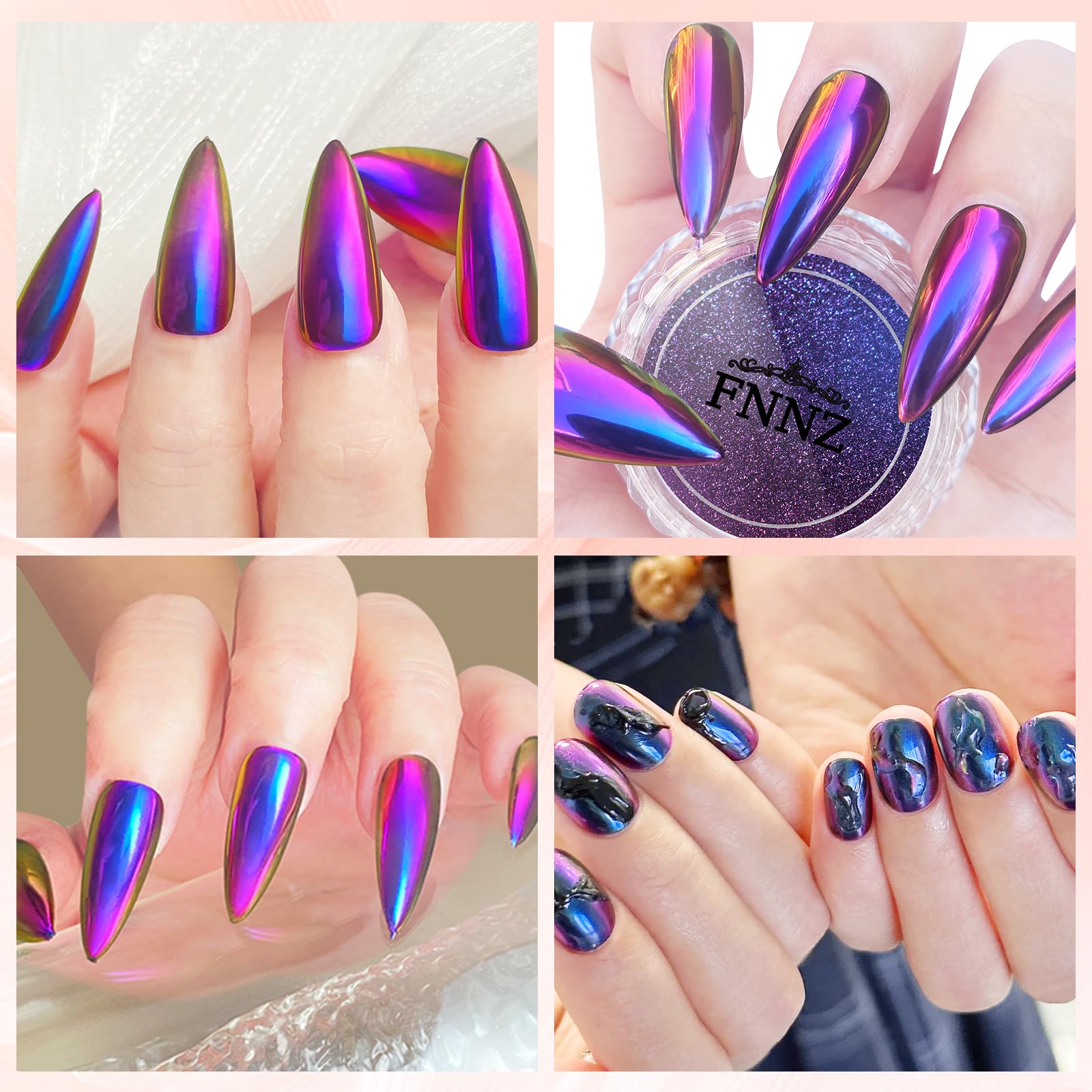Multi-chrome mirror effect demonstration on black gel nails