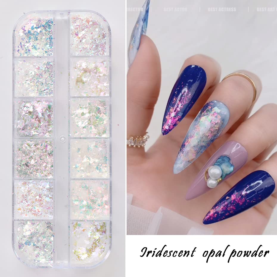 Close up of iridescent mermaid nail flakes in 12 grids