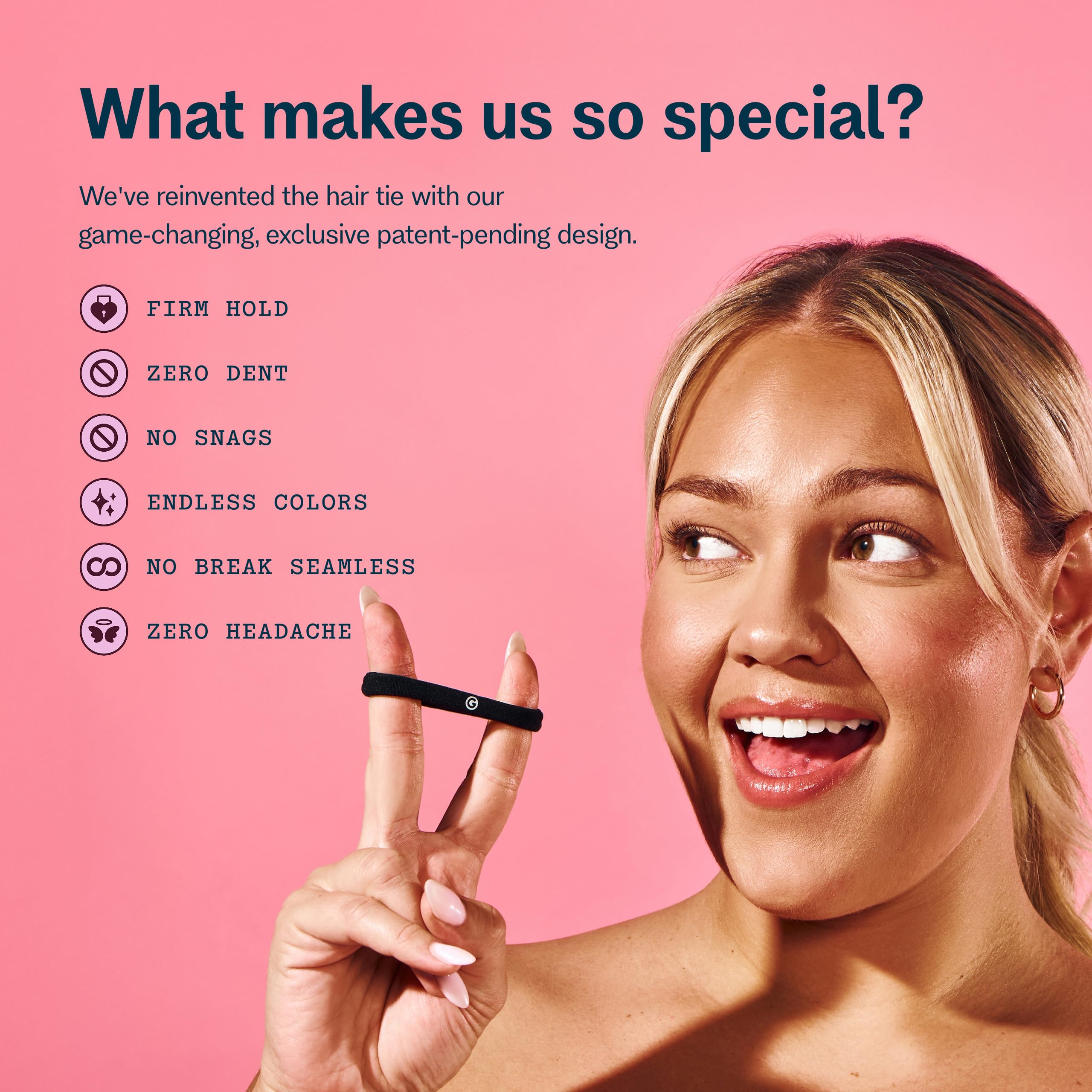 Gimme Beauty seamless no dent ponytail holders being stretched for styling