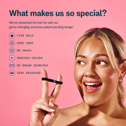 Gimme Beauty seamless no dent ponytail holders being stretched for styling