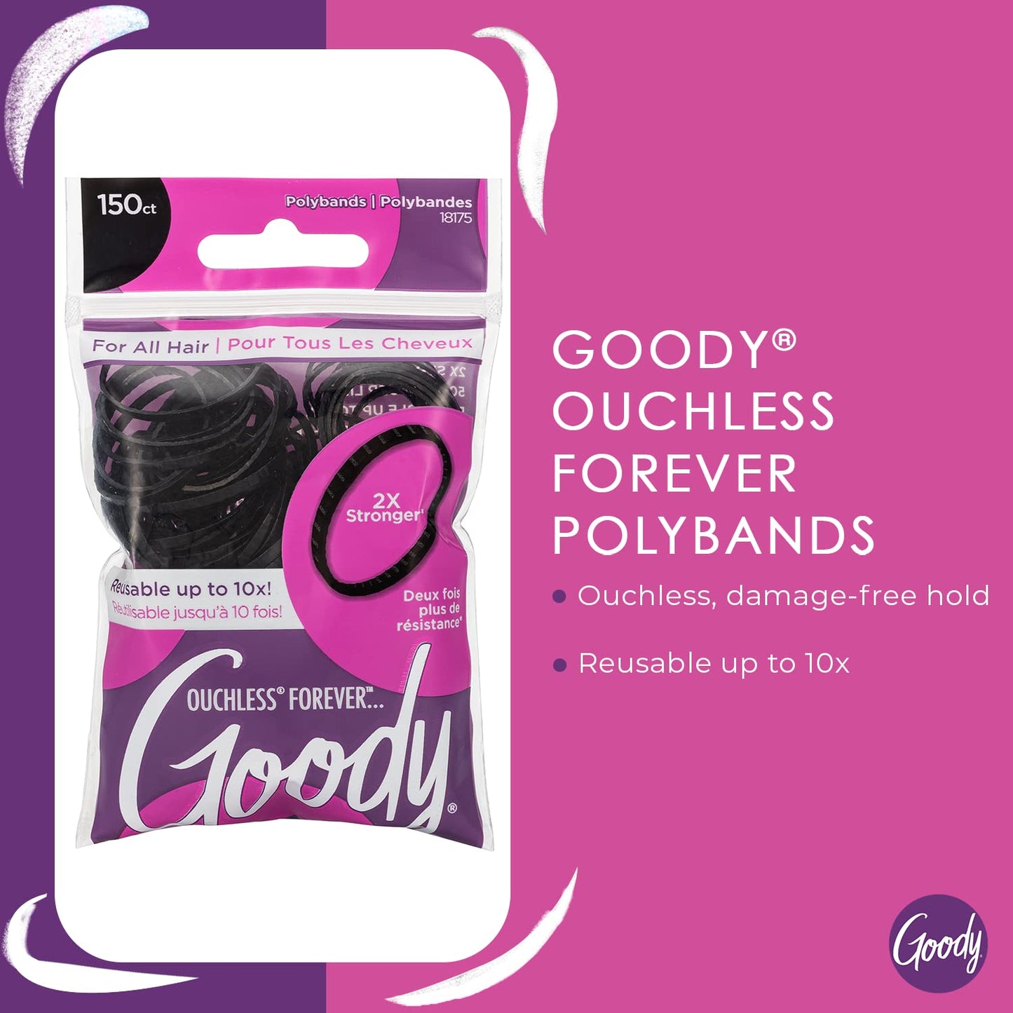 Close up view of the black flexible rubber elastic hair ties for fine hair showing their durable ridge design.