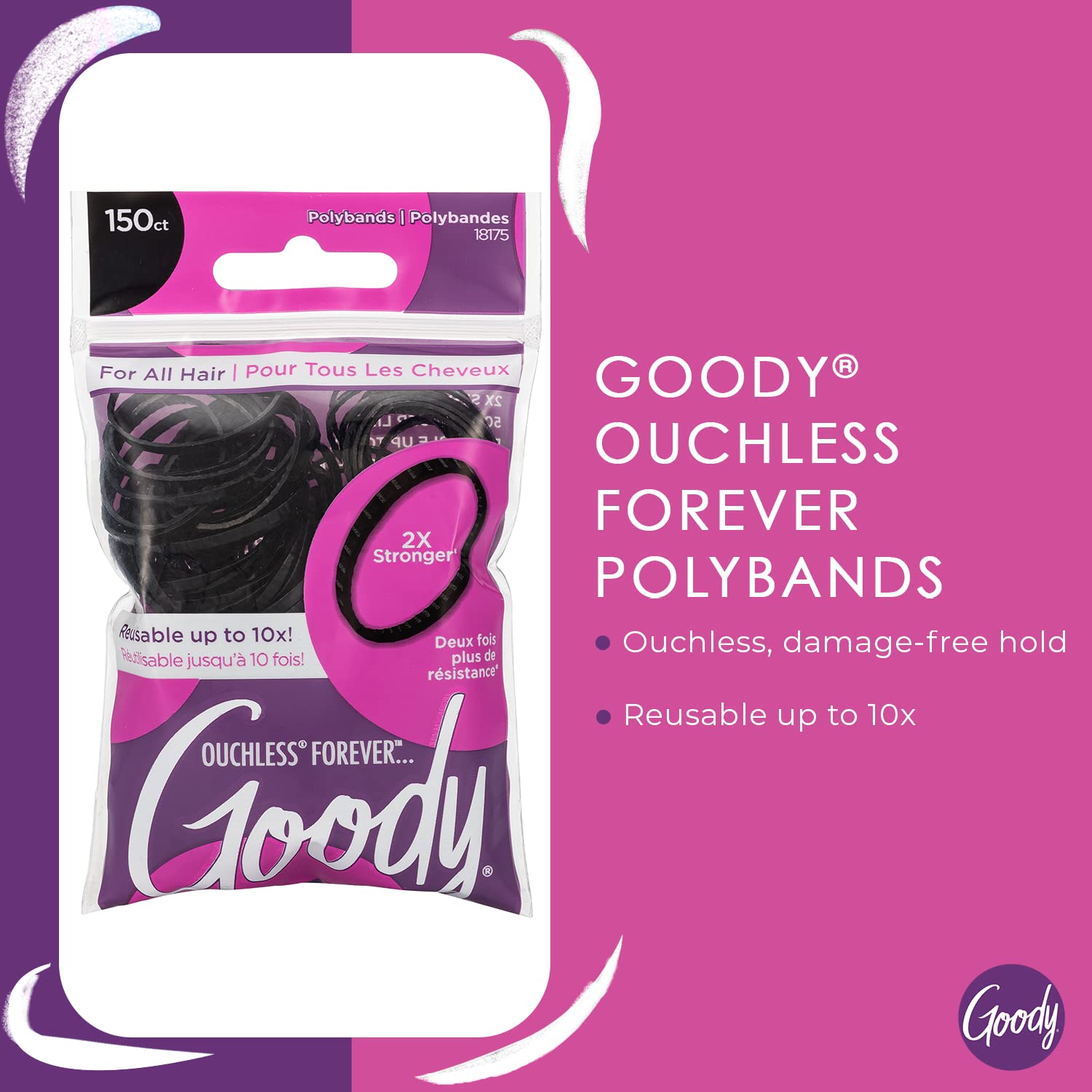Close up view of the black flexible rubber elastic hair ties for fine hair showing their durable ridge design.