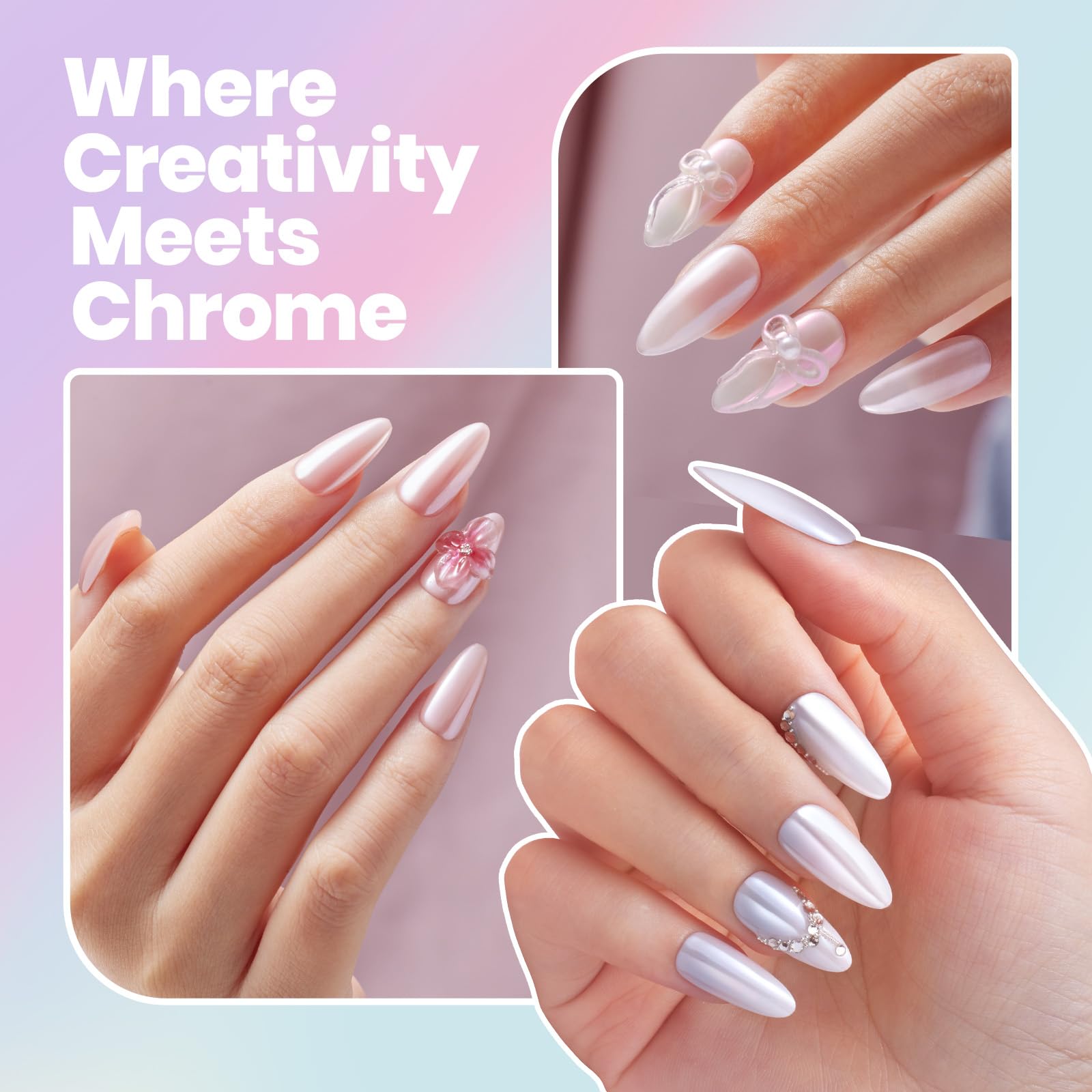 Model showing purple metallic chrome nail art design