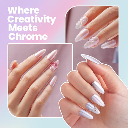 Model showing purple metallic chrome nail art design