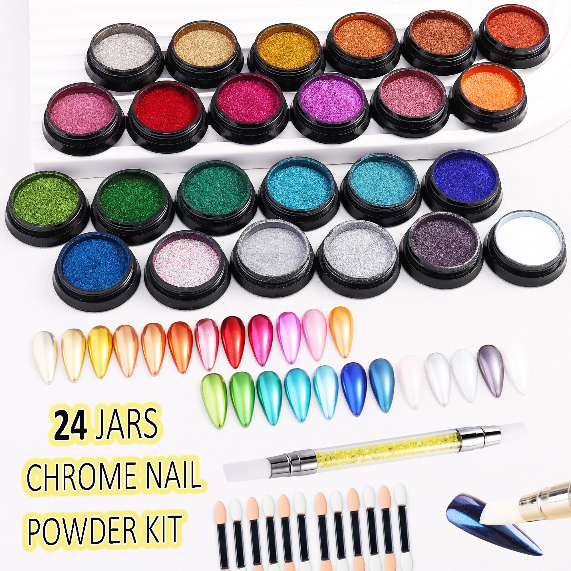 Close up of metallic mirror effect chrome nail powder set