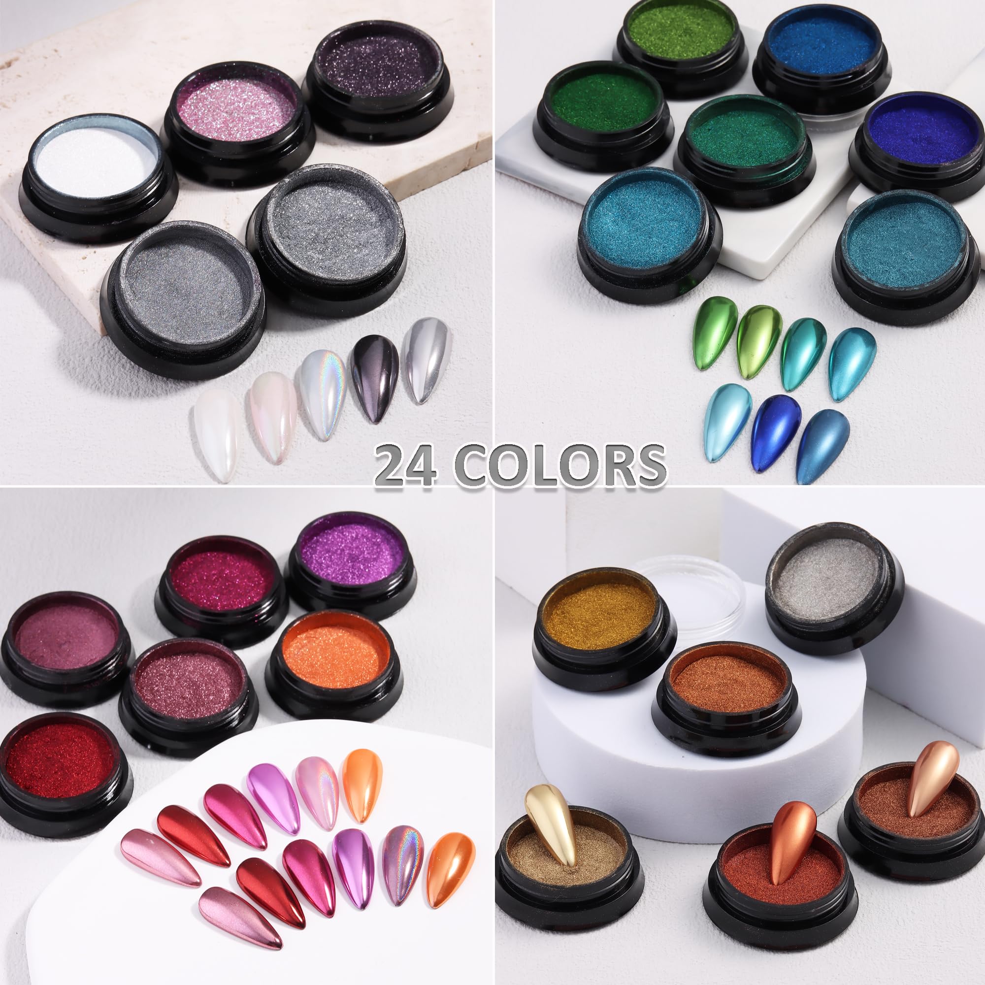 Nail art display of gold and silver chrome powder pigment