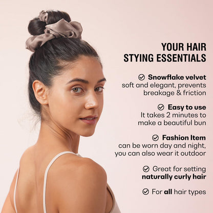 Model showing voluminous heatless curls achieved using the black scrunchie tie