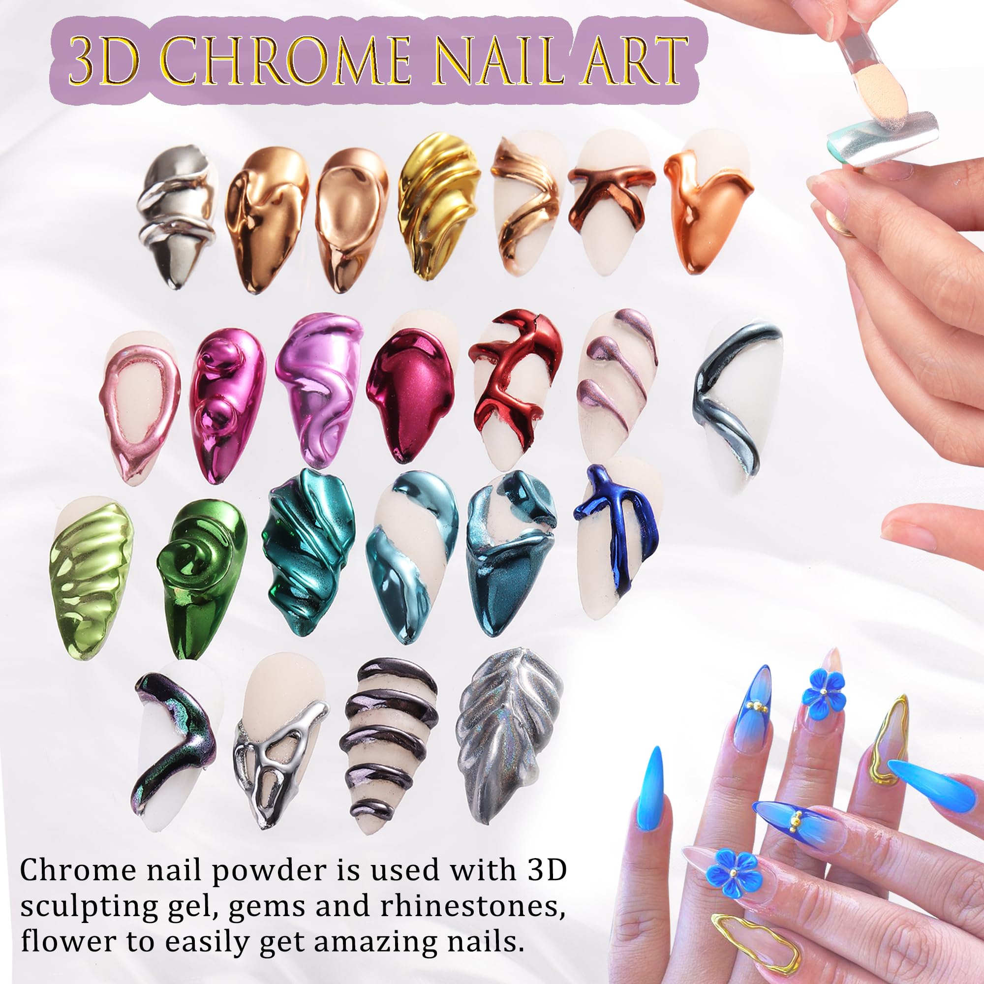 Top view of 24 assorted chrome powder jars for manicure