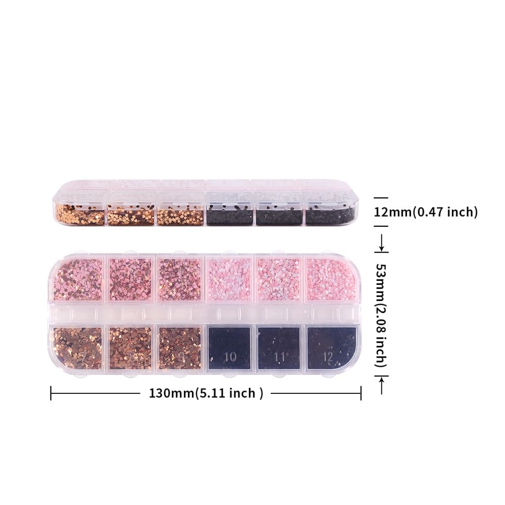 Open 12 grid organizer with various nail glitter flakes