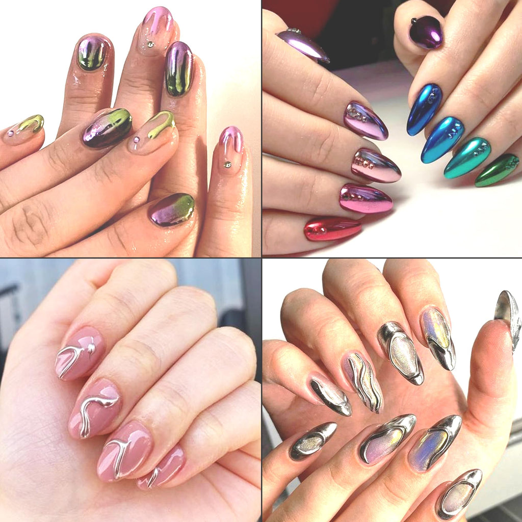 Swatches of gold silver and colored chrome powders on nails