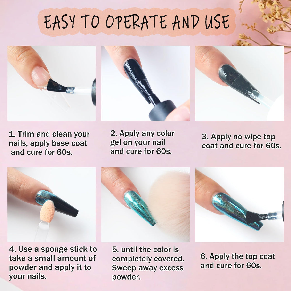 Professional nail art design created using the chrome powder set