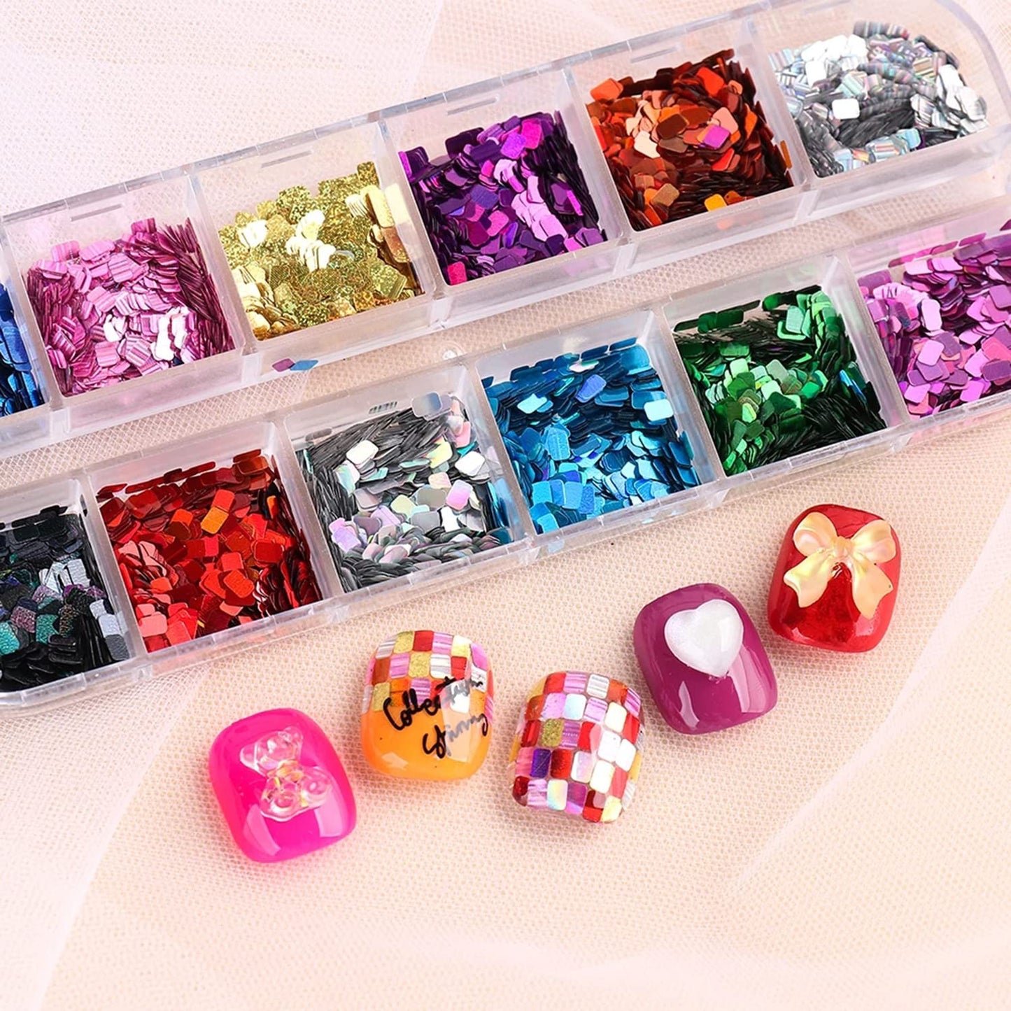 12 colors of rectangle sparkly nail sequins in storage case