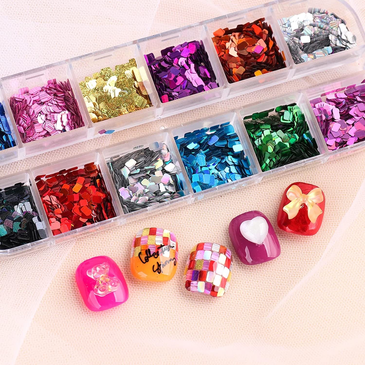 12 colors of rectangle sparkly nail sequins in storage case
