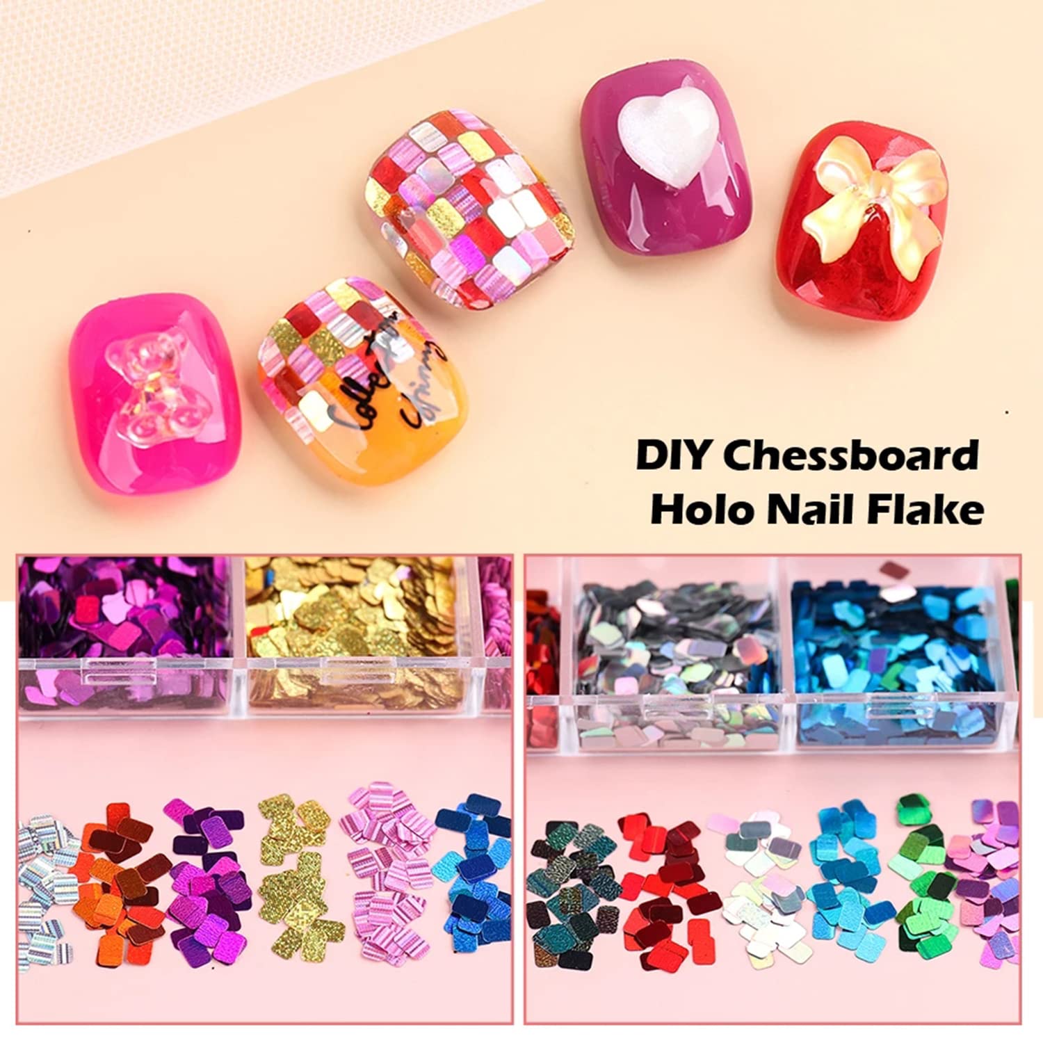 Macro view of holographic 3D nail glitter flakes