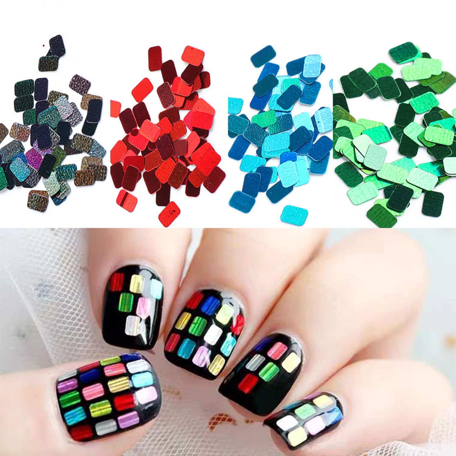 Woman applying square nail art sequins to acrylic nails