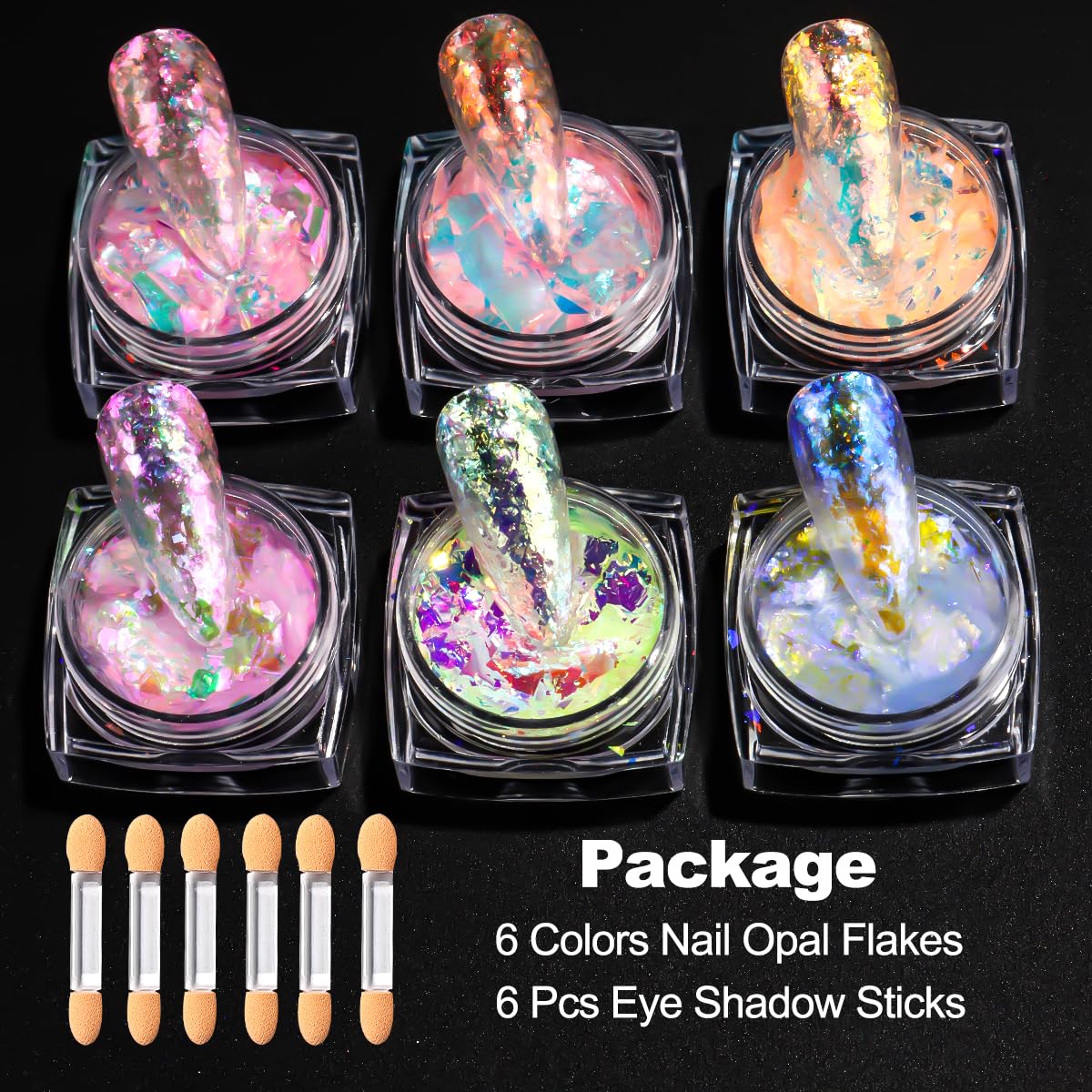 Six colors of aurora opal nail sequins in jars