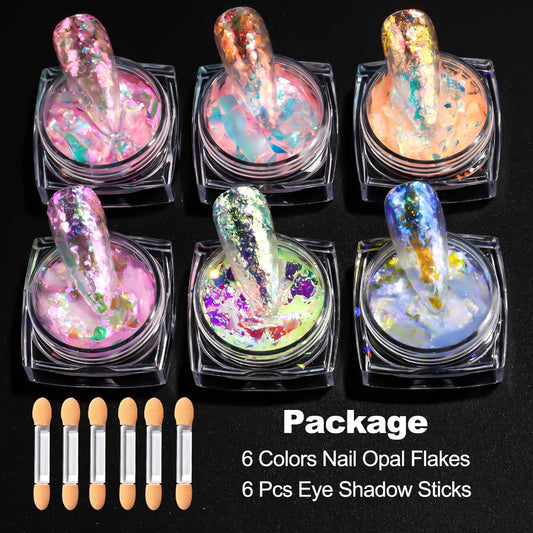 Six colors of aurora opal nail sequins in jars