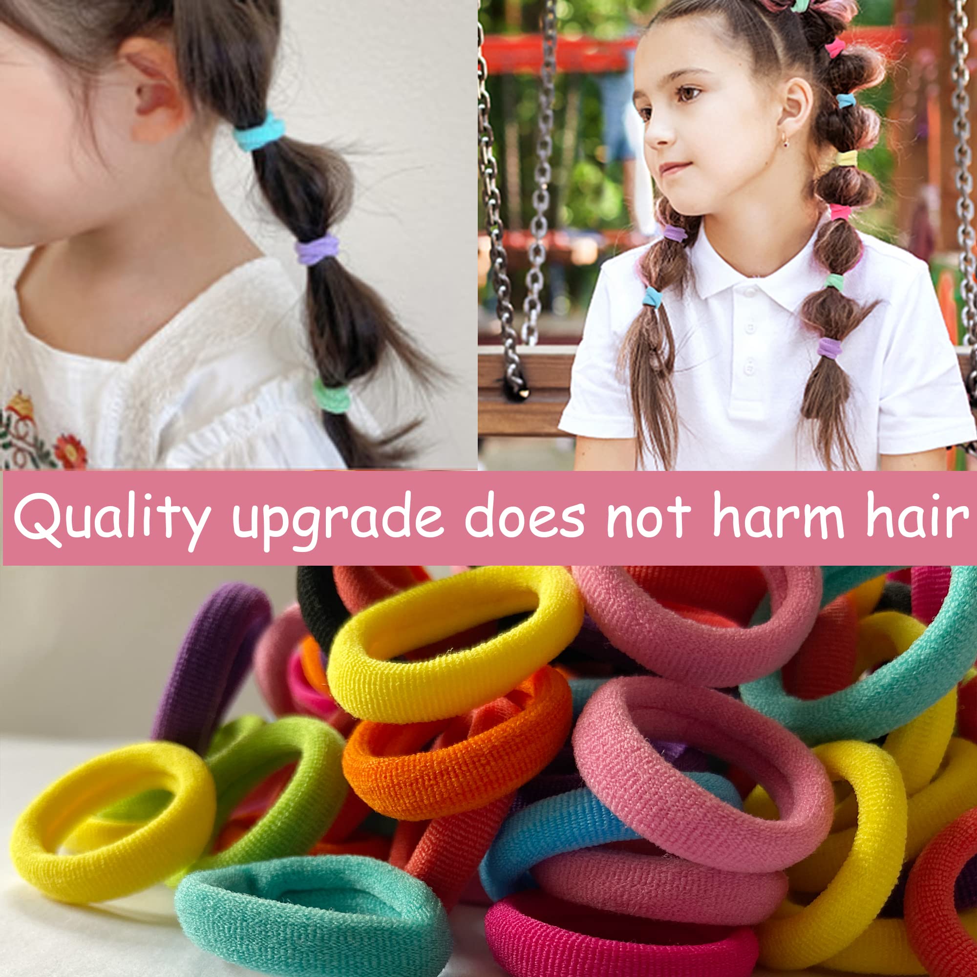 Ten different colors of small ponytail holders arranged neatly to display variety