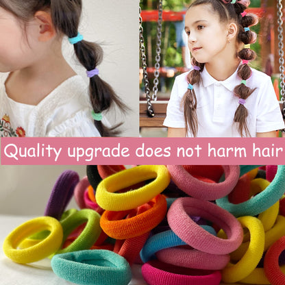 Ten different colors of small ponytail holders arranged neatly to display variety