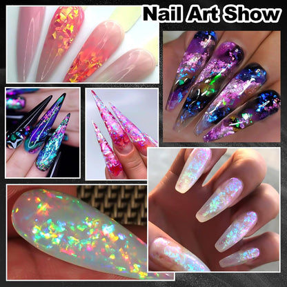 Nail art design showing color shift effect of flakes