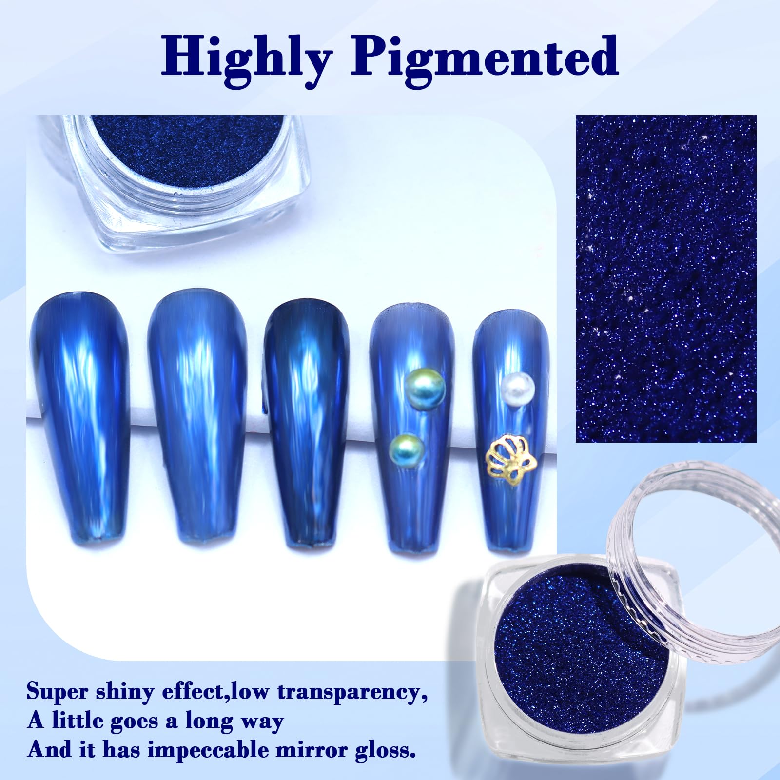 Close up of royal blue holographic shimmer nail powder