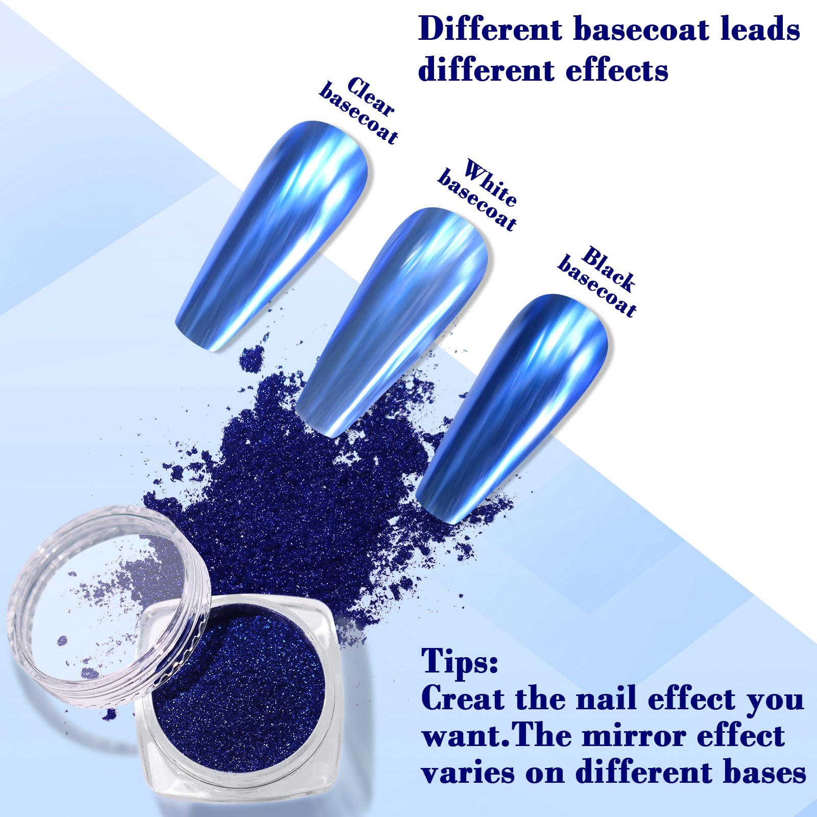 Professional nail art demonstration using blue chrome powder