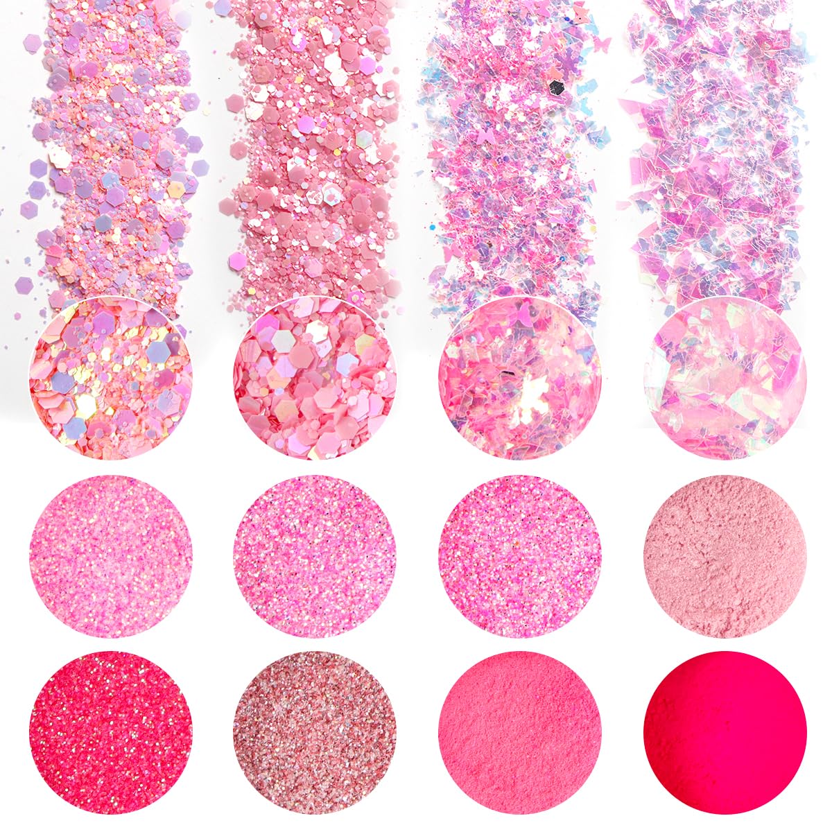 Selection of 12 jars of pink nail sparkle flakes