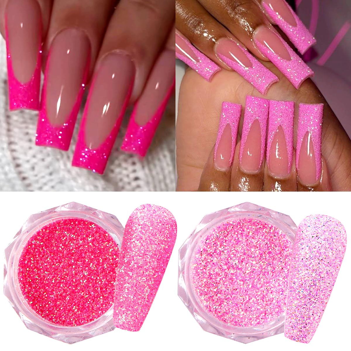 Fine sugar glitter and chunky nail art dust in jars