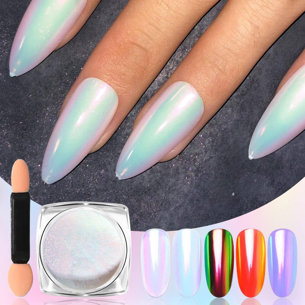 Close up of rainbow neon chrome nail powder texture