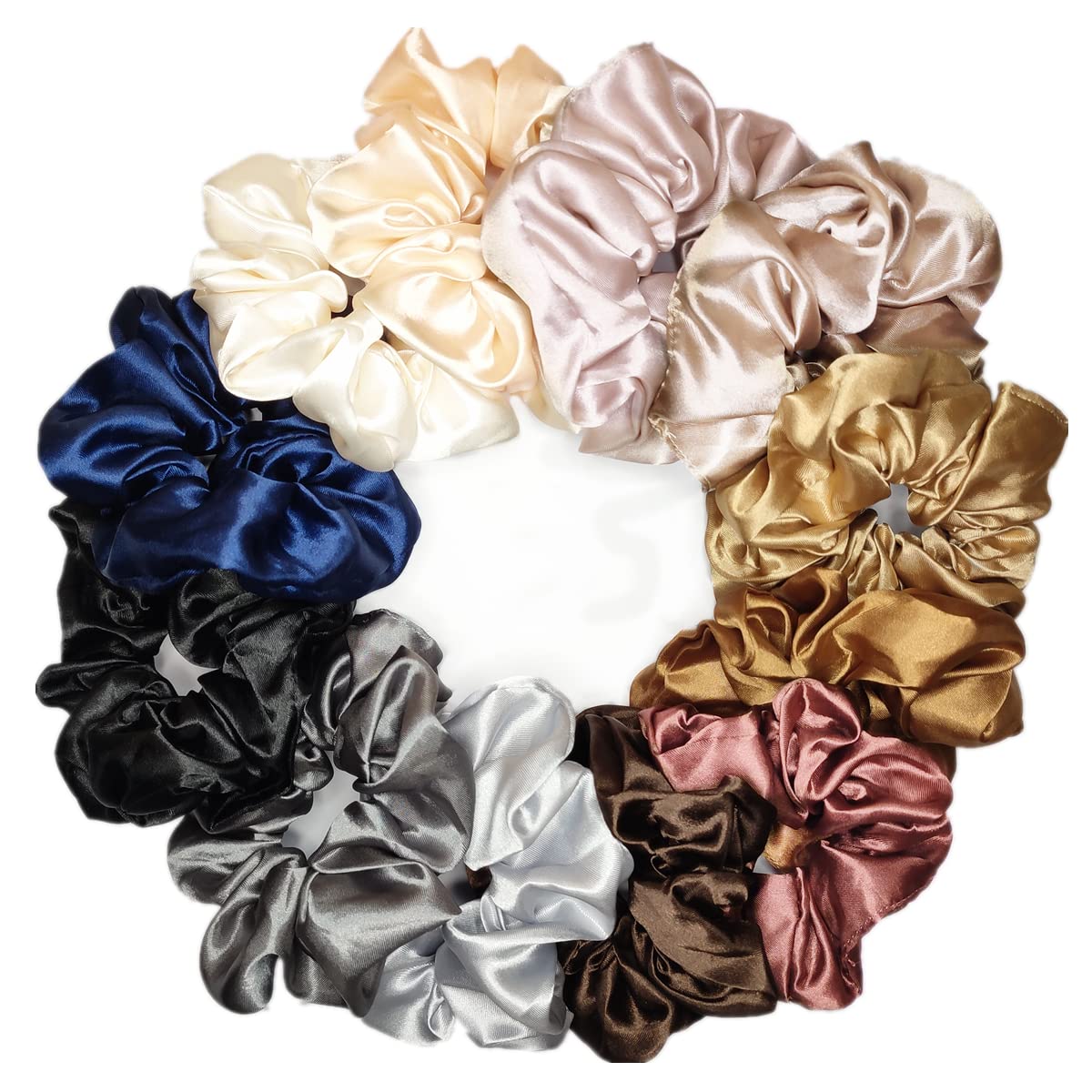 Multi-colored satin silk hair scrunchies set arranged neatly to show the twelve distinct shades