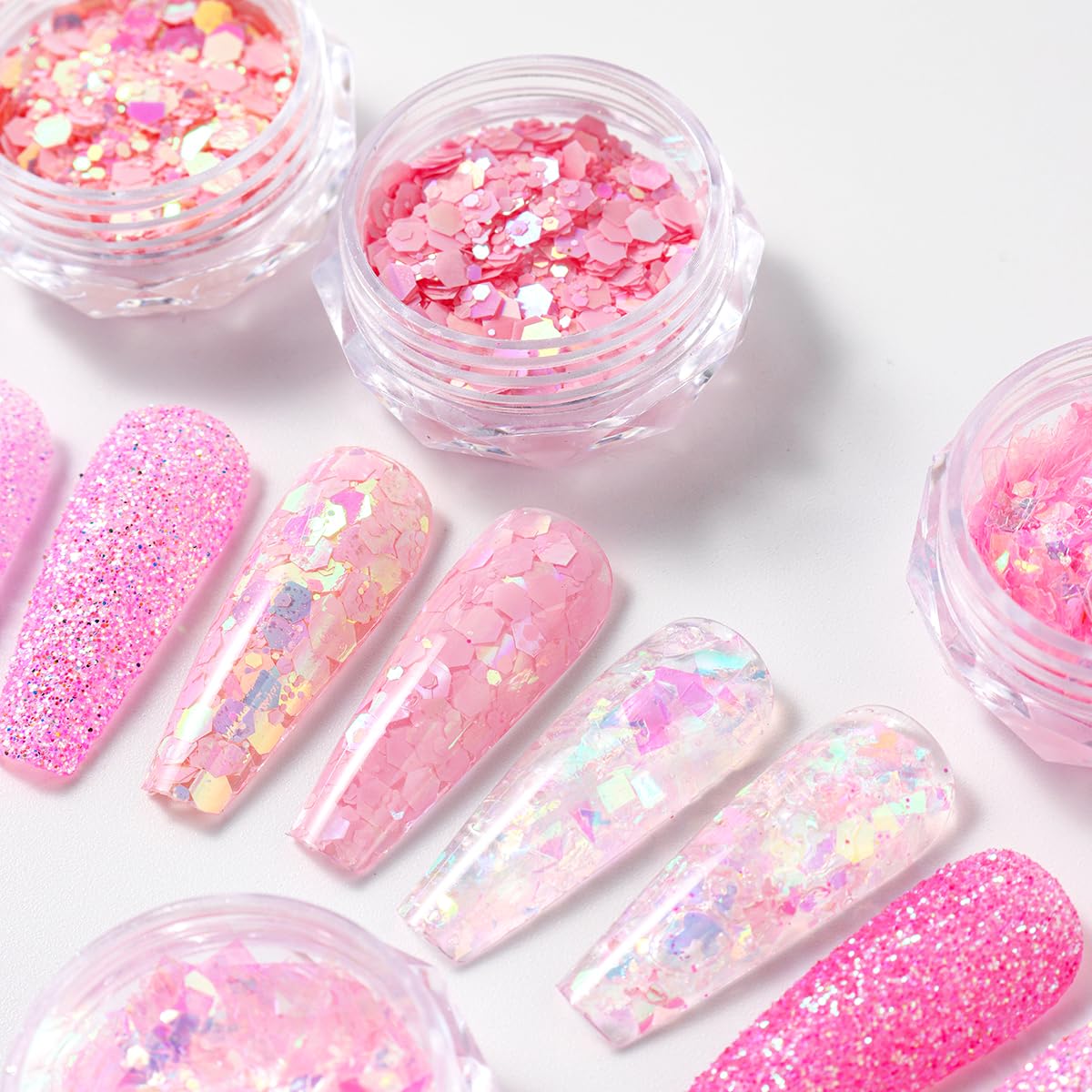 Variety of textures in pink nail art glitter collection