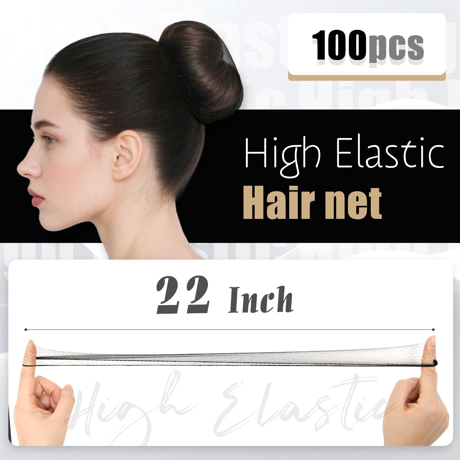 Close up view of the highly elastic fine mesh detailing on the black hair net.