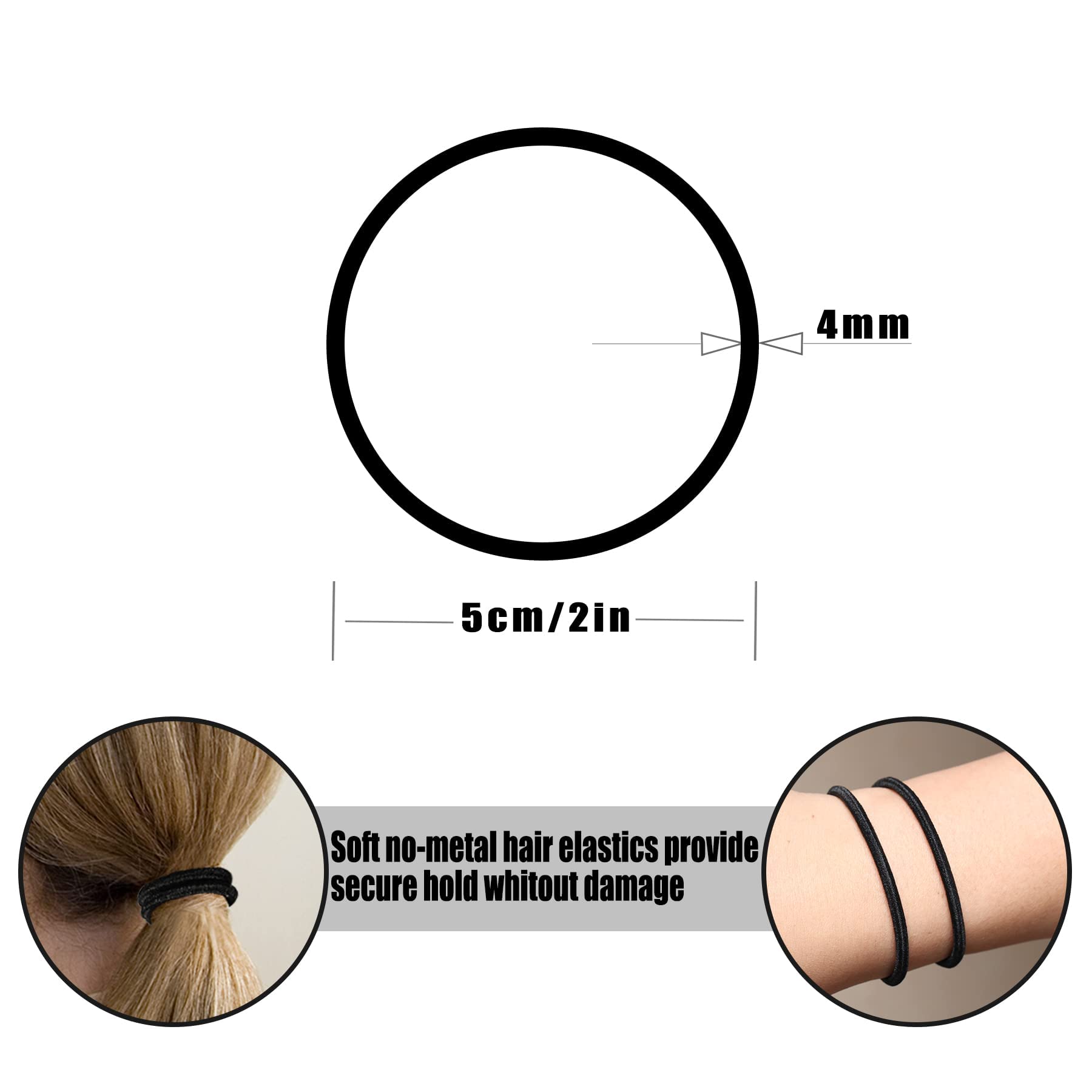 Close up of no damage ponytail holders highlighting the smooth four millimeter thickness and metal free design
