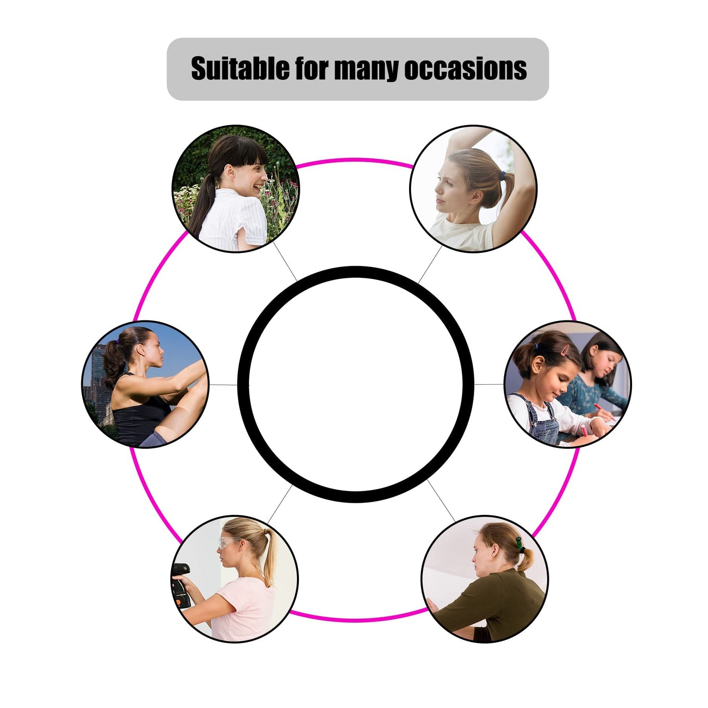 Assorted neutral color hair elastics including black brown beige and khaki spread out in rows