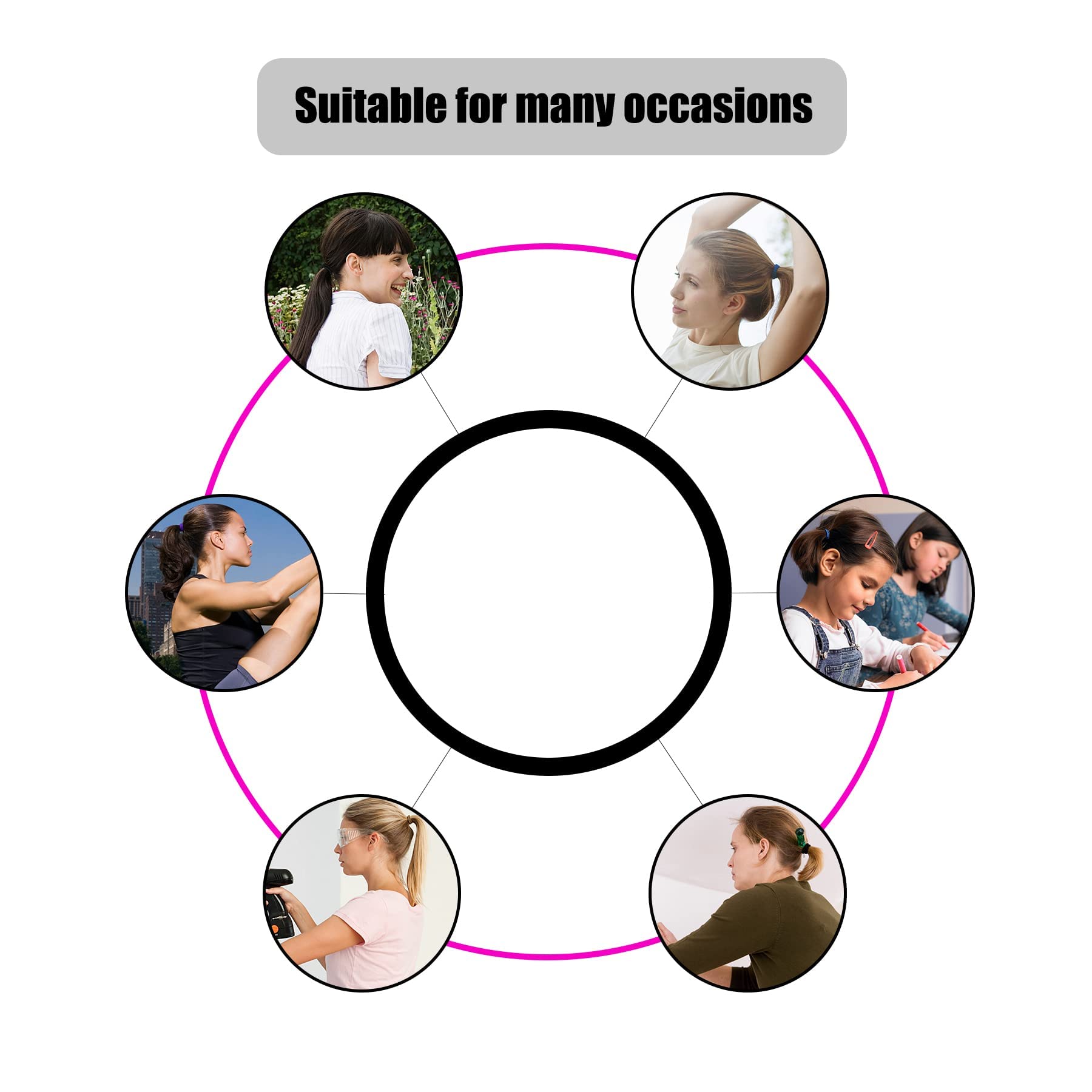 Assorted neutral color hair elastics including black brown beige and khaki spread out in rows