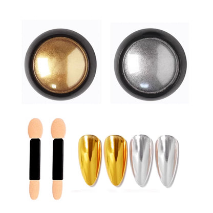 Open containers of gold and silver nail powder