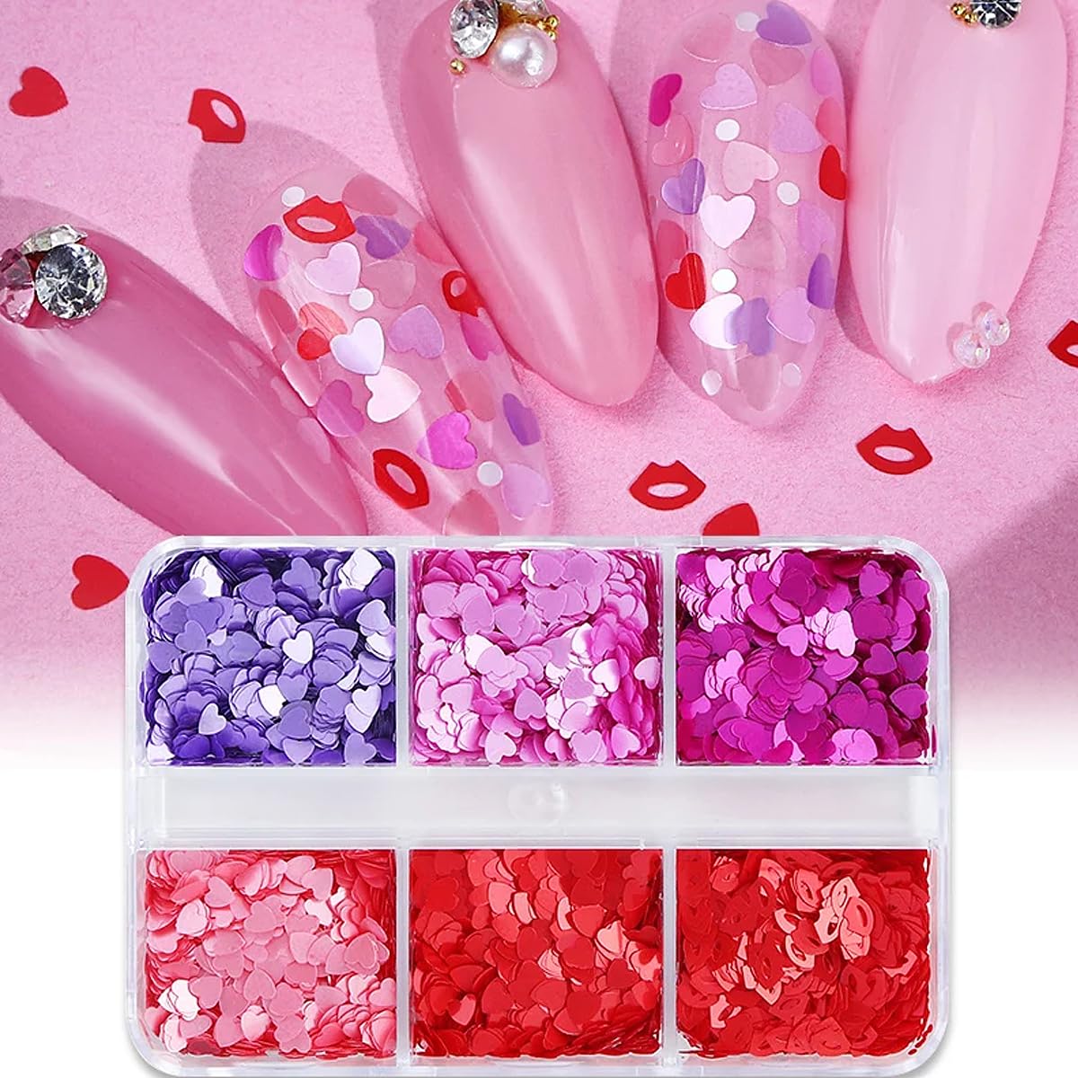 Close up of 3D heart nail sequins in organized grids