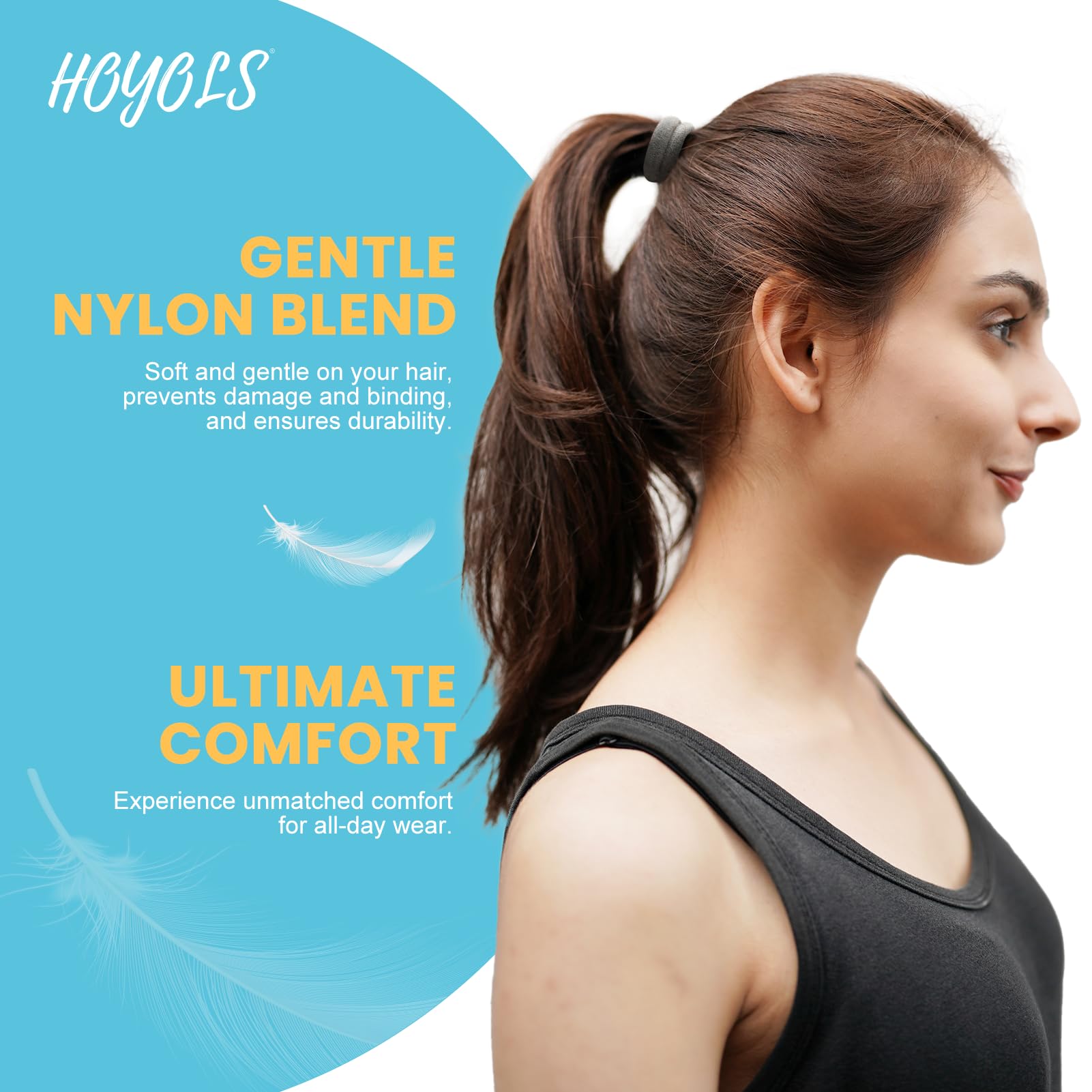 HOYOLS no damage hair ties neatly organized inside a clear plastic storage container jar
